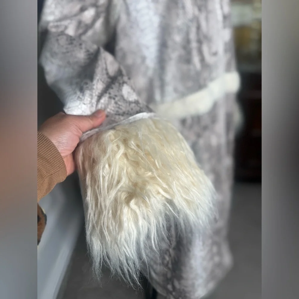 Nasty Gal Womens Snake Print Shearling Trim Longline Aviator Coat - Picture 4 of 12